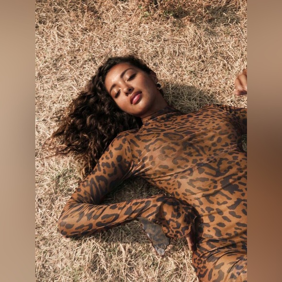Leopard animal Print Long Sleeve Dress cover up sheer mesh brand new never worn - Picture 3 of 11